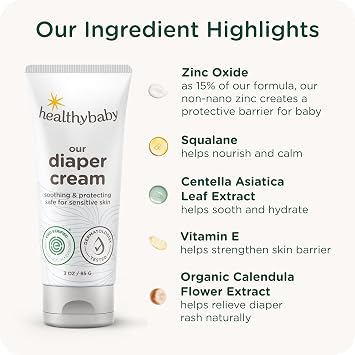 كريم الحفاضات HealthyBaby الخاص بنا | كريم الحفاضات المضاد للحساسية بأكسيد الزنك والسكوالين | خالي من العطور، تم التحقق منه من قبل EWG + غير معدّل وراثيًا، 3 أونصة