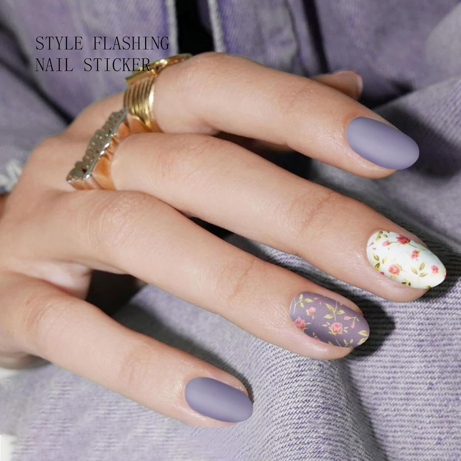 JMEOWIO Gel Nail Stickers White Purple Flower Semi Cured Gel Nail Strips Wraps UV/LED Nails Art Design Decoration Accessories