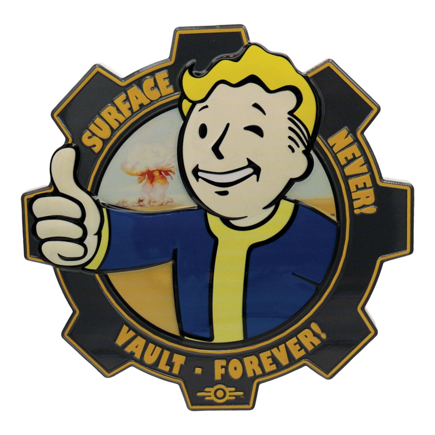 Fanattik Boys Yellow And Blue Fallout Vault Resin Plaque – 200X198mm Collectible With Stand & Wall Hook