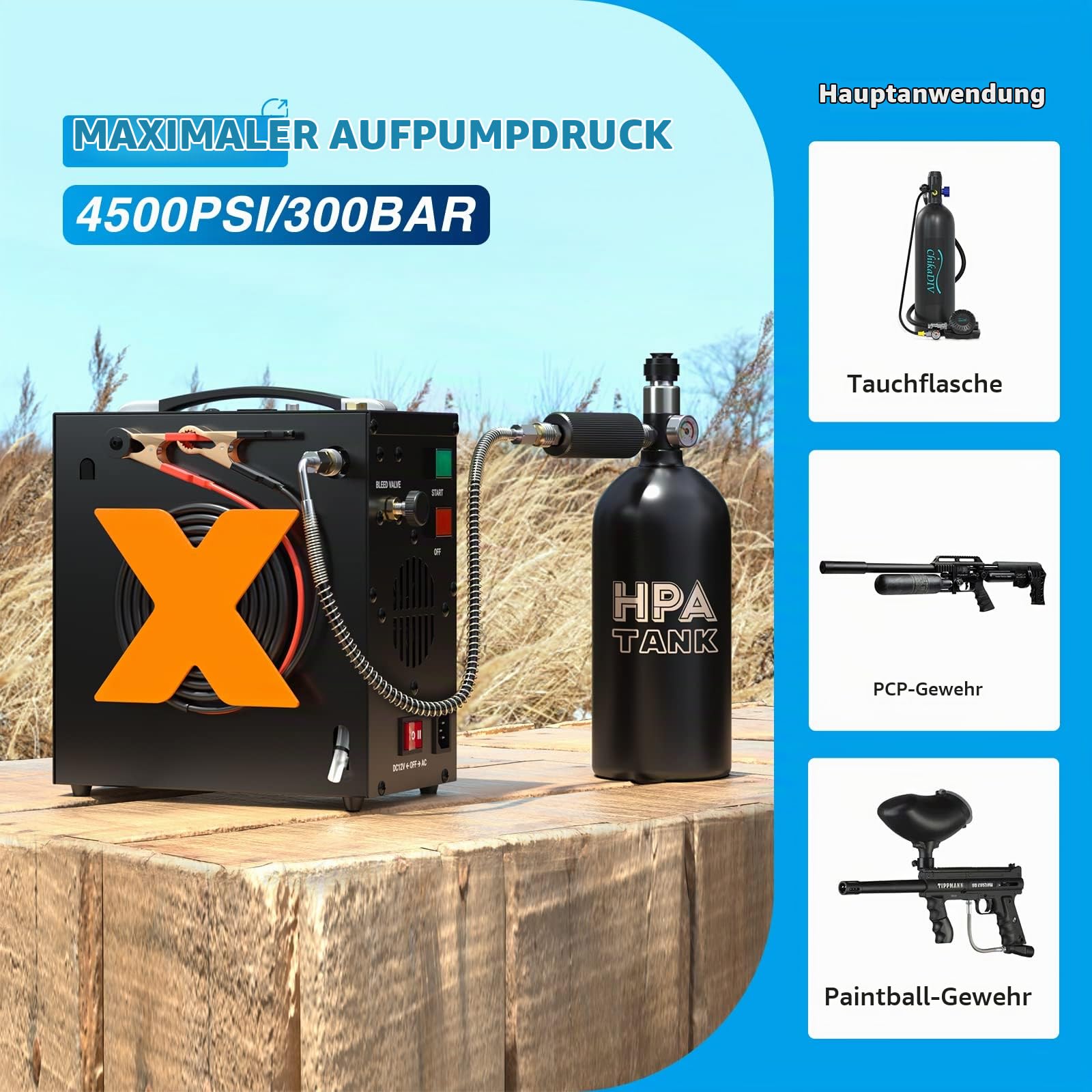 Tragbarer Tauchkompressor PCP Kompressor 300Bar / 4500Psi / 30Mpa Mini Tauchflaschen Kompressor Ölfreie Kompressoren mit automatischer Abschaltung, 12V DC Autobatterie oder Home 220V AC
