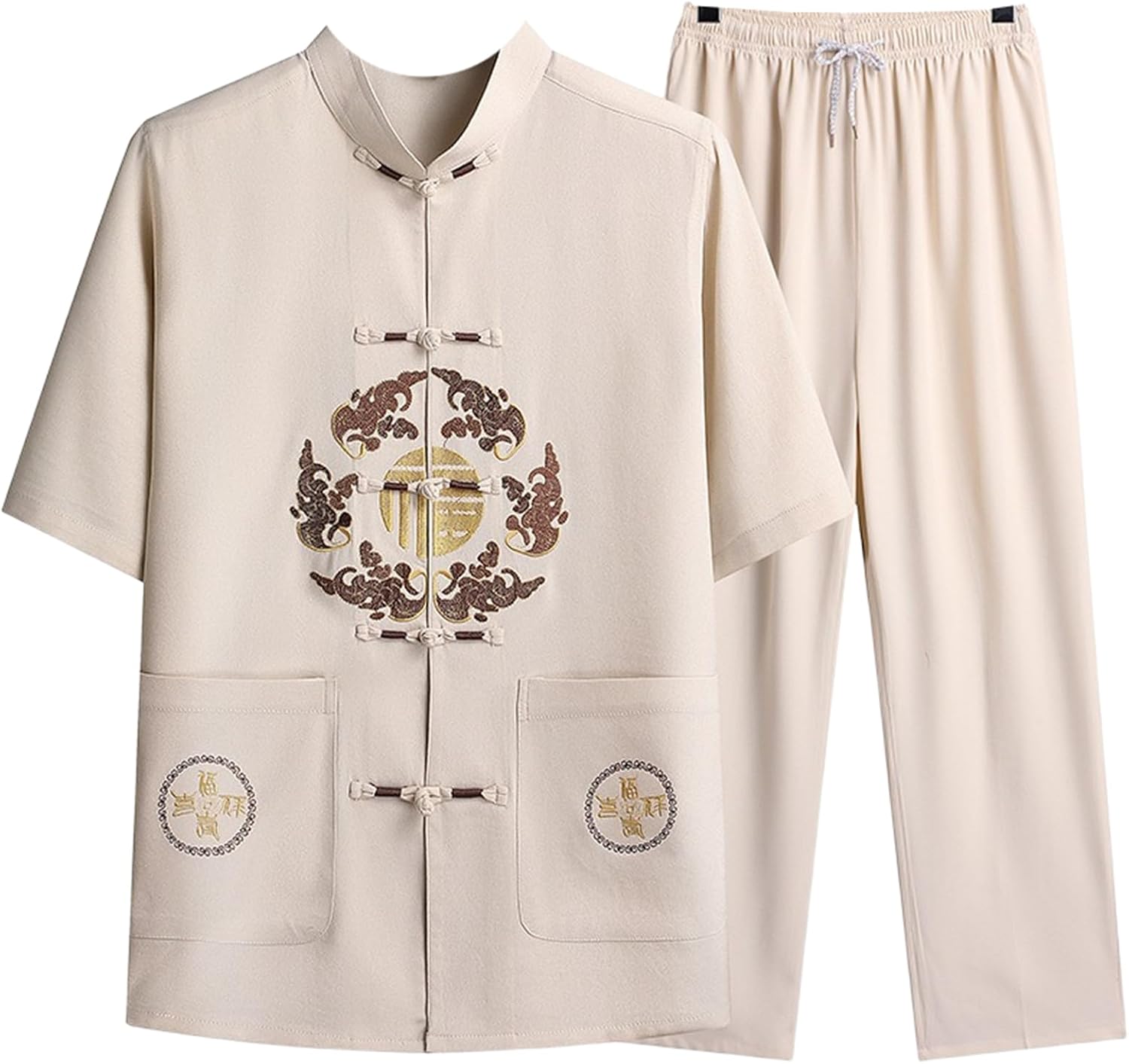 Men's Chinese Tang Suit 2 Piece Set Summer Short Sleeve Loose Retro Outfit for Middle Aged Men