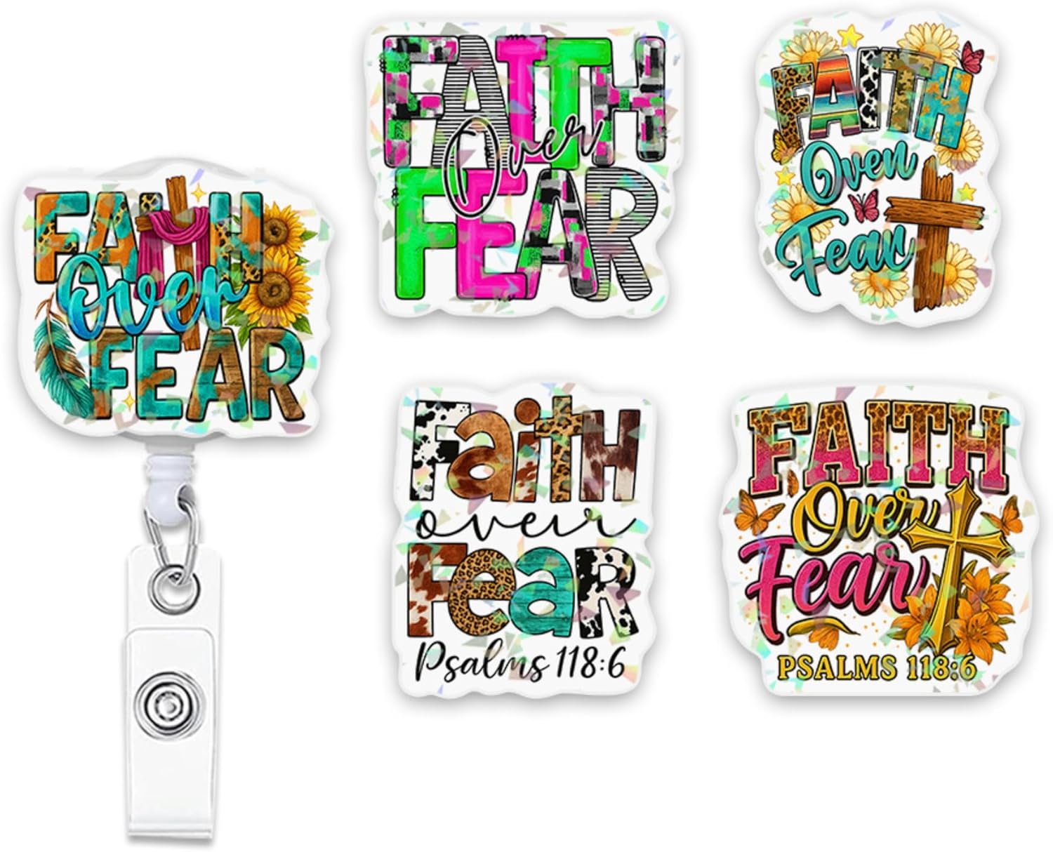(5Pcs) Psalms 118 6 Faith Over Fear Holographic Christian Badge Reels, Inspirational ID Badge Holder Retractable Clip, Christian Gifts for Nurse Teacher Students Office Worker