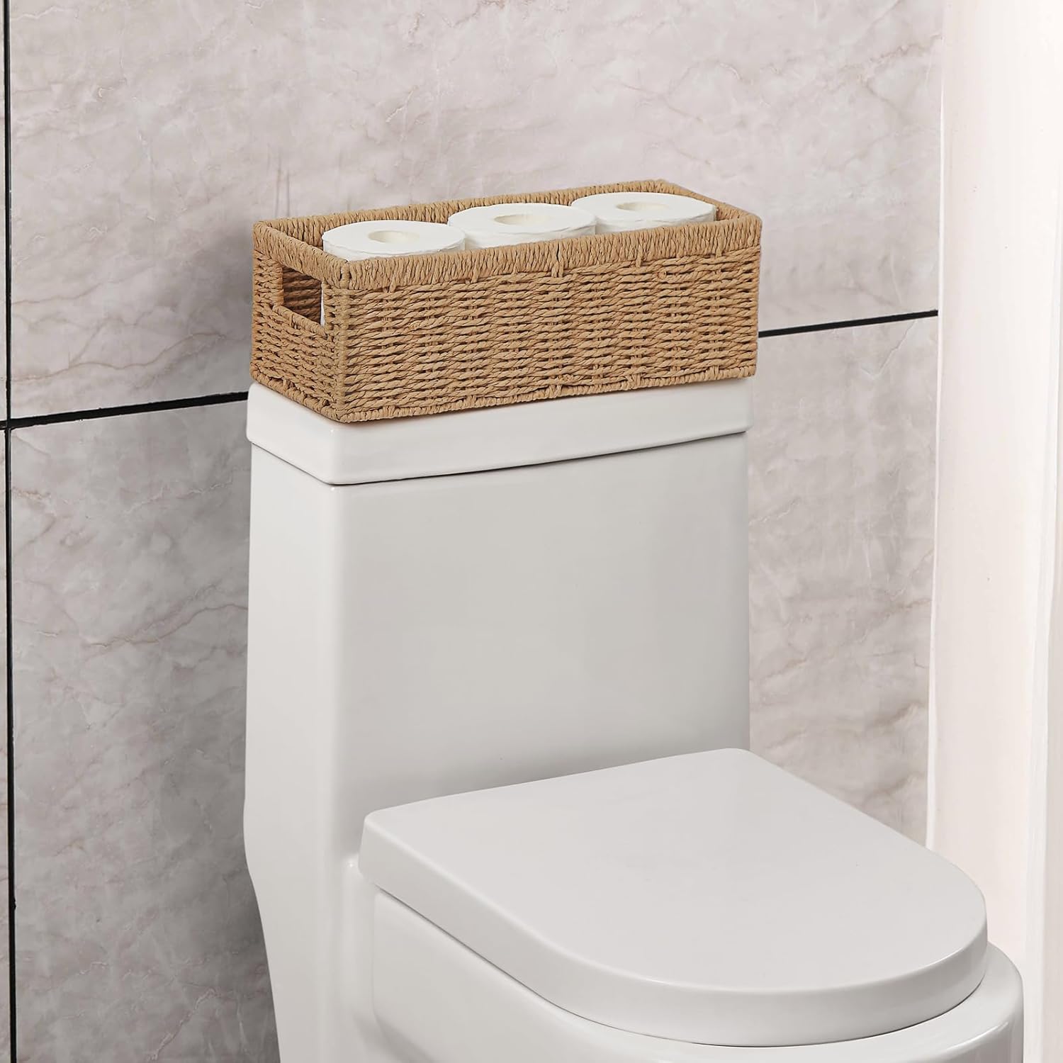 Vagusicc Wicker Storage Basket, Paper Rope Wicker Baskets with Handles, Toilet Paper Basket for Toilet Tank Top, Small Wicke Baskets for Organizing Shelves, 2-Pack, Natural