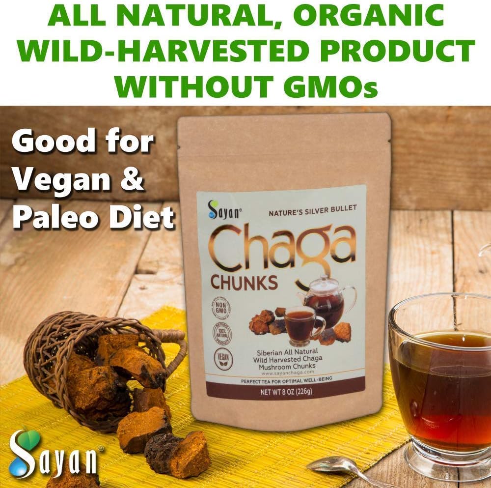 Sayan Siberian Pure Raw Chaga Mushroom Chunks with Black Top Crust 8 Oz / 223 g – Premium Wild-Harvested Antioxidant Tea for Immune Support, Focus and Digestive Health - Non-GMO