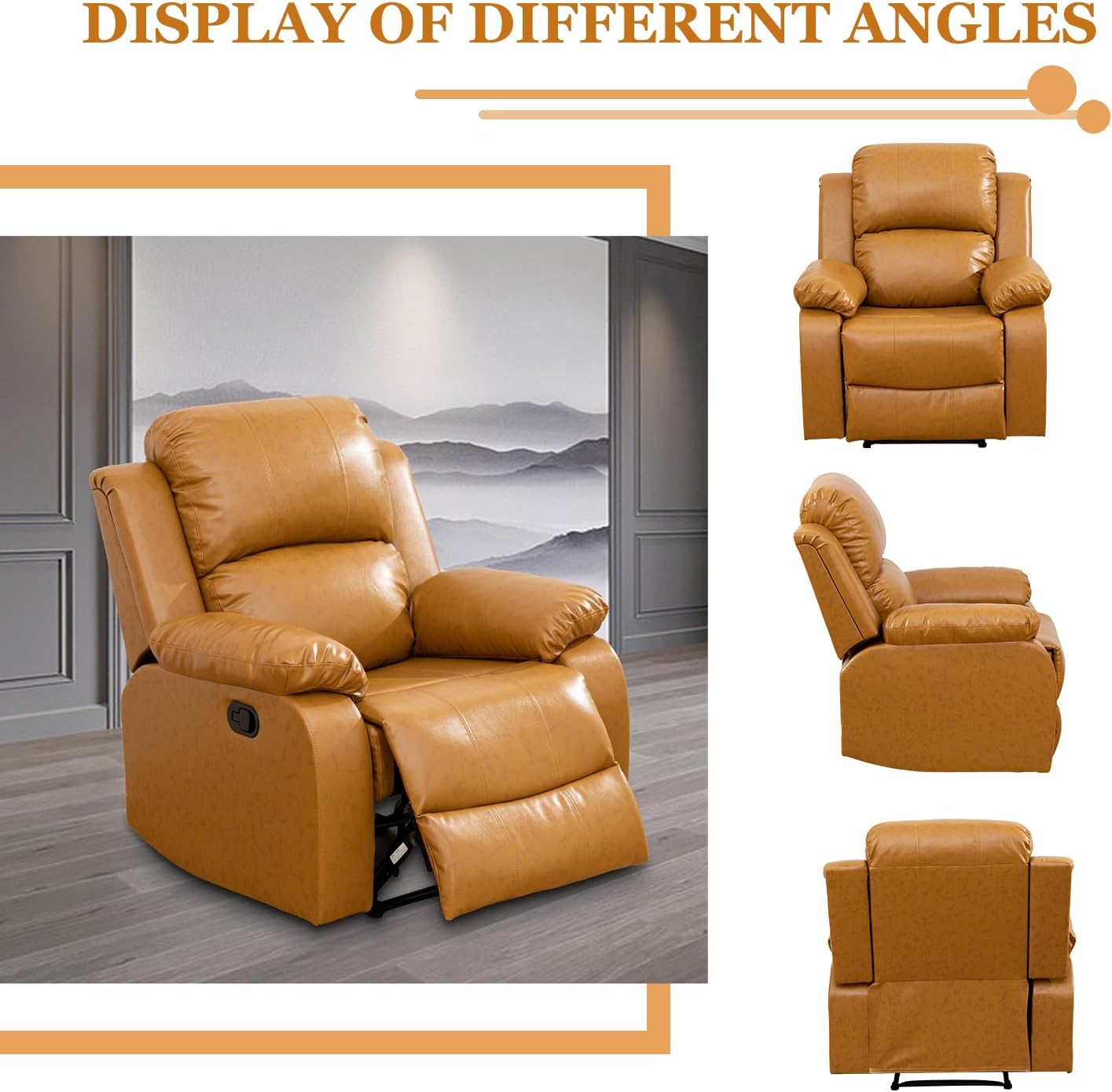 Manual Recliner Sofa Set, Bonded Leather Living Room Furniture Set, Reclining Leather Couches with Cup Holders/Storage Console/Flip Middle Backrest (Sofa+Loveseat+Chair,Ginger)