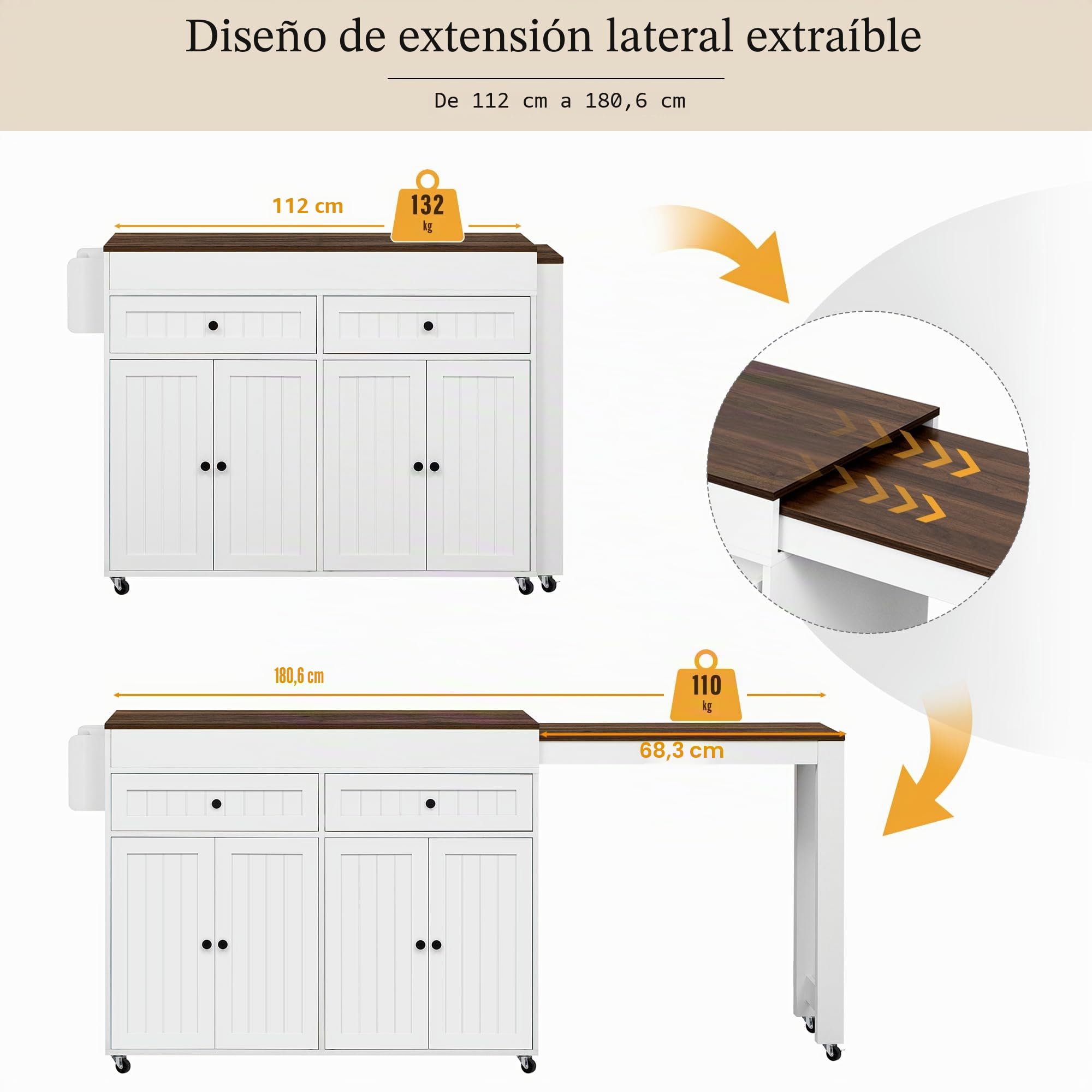 le Cucina e Isola da pranzo, Piano di lavoro allungabile con Ders, perfetto per cucina e sala da pranzo, noce h - Tial salvaspazio