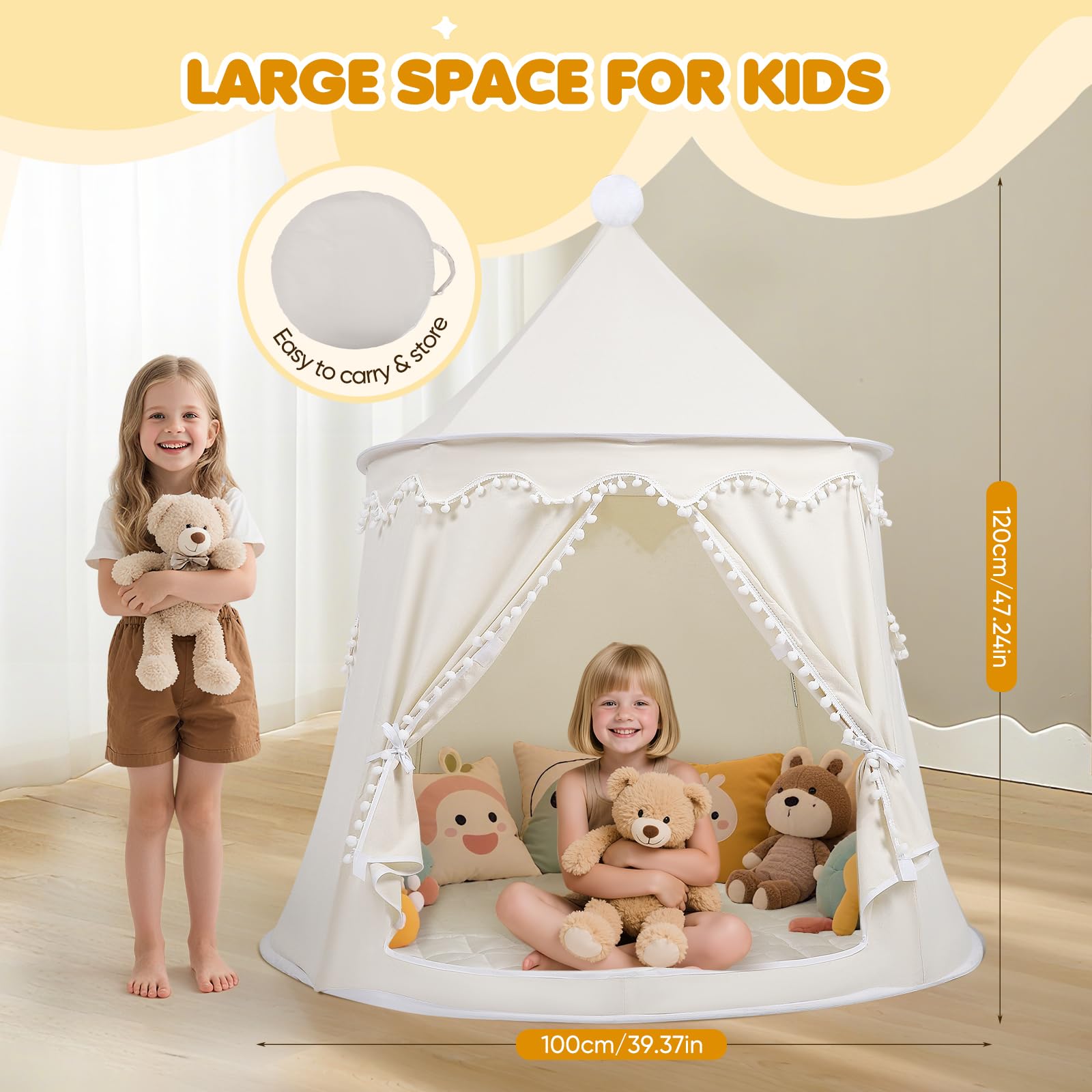 120 cm Spielzelt für Kinder, aus weichem Silky-Cotton-Stoff | 1 Eingang & 2 Fenster (TripleAir-Effect) | inkl. Tasche & Bodenmatte | stabiles Spielhaus