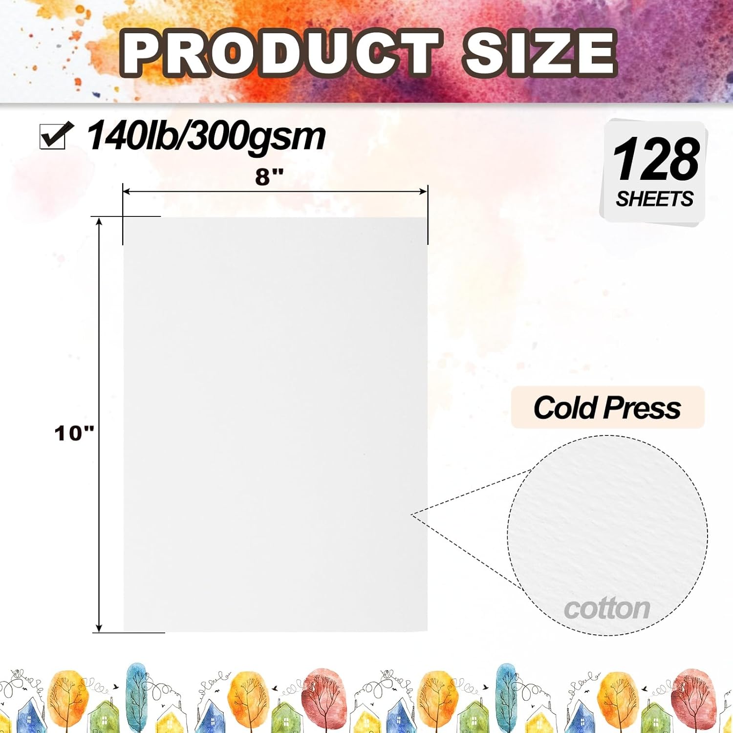 PATIKIL 128 Sheets Cotton Watercolor Paper 140lb/300 GSM Cold Press Water Coloring Paint Paper for Art Painting Watercolor Drawing Artist, 8x10 Inch