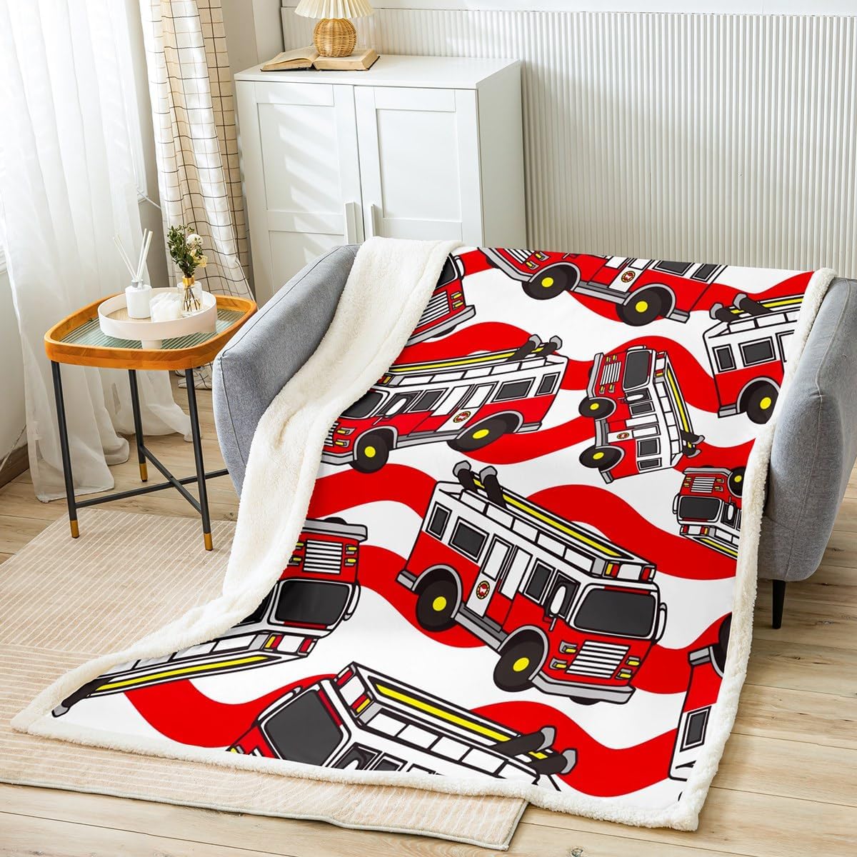 Fire Truck Fleece Throw Blanket Kids Cartoon Car Plush Blanket for Bed Sofa Couch Firefighter Sherpa Blanket Firemen Car Vehicle Fire Engine Red Lines Fuzzy Blanket Room Decor Throw 50"x60"
