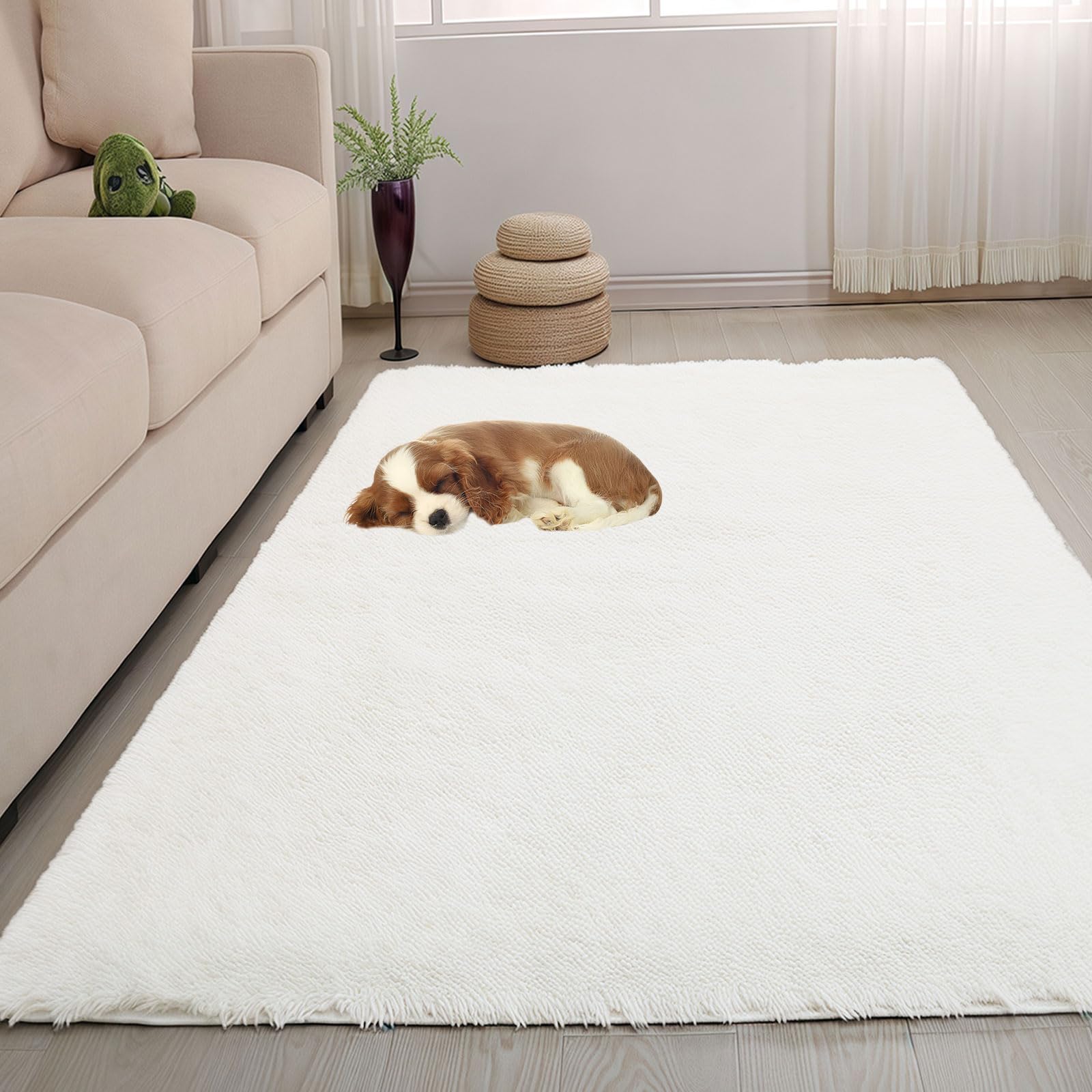 Tapis Salon Shaggy 150 x 190 cm Intérieur Moelleux Épais, Long Shaggy Tapis Salon à Poils pour Chambre à Coucher, Blanc