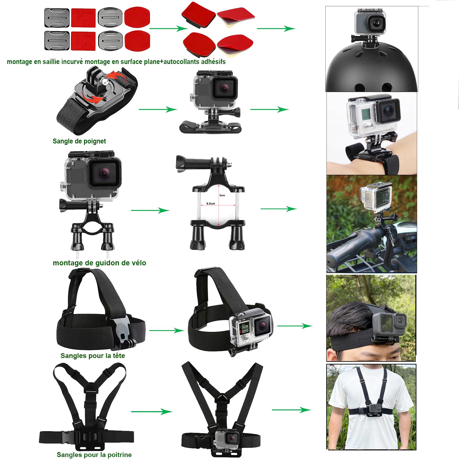 Kit d'accessoires pour Gopro Hero 13 12 11 10 9 Caméra, Kit d'accessoires avec Boîtier étanche Ceinture de Sac à Dos Montage de Guidon de vélo Paquet pour Gopro 13 12 11 10 9 Caméra(DT16)
