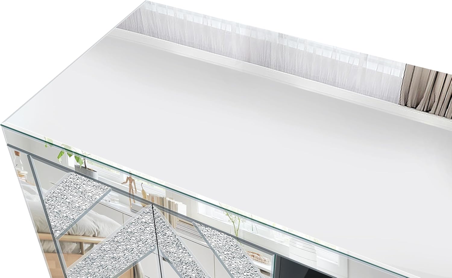 2-Door Mirrored TV Stand for 50+ inch TV, 47" Sliver TV Console Table with Open Storage & 2 Storage Cabinets, M-Shape Sparkling Mirror Doors Mirrored Furniture for Living Room