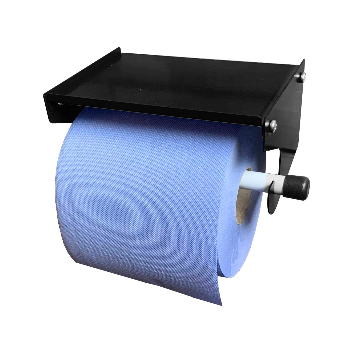 Megamaxx Black Blue Roll Dispenser Wall Mounted - Blue Roll Holder With Storage Shelf - Industrial Paper Towel Dispenser And Holder - Ideal For Office, Home, Warehouse, Workshop, Factory