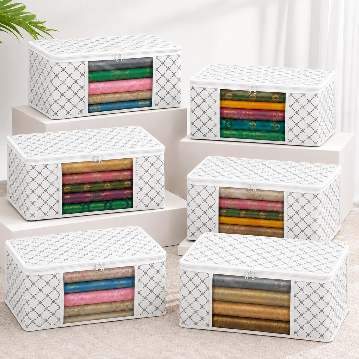 VERVENIX Saree Cover Pack of 6, Large Size White Triangle Pattern Clothes Storage Bags with Zipper & Clear Window, Dustproof Wardrobe Organizer for Sarees, Suits, Dresses & Shirts,46.3 x 36 x 22.5 CM-image-38