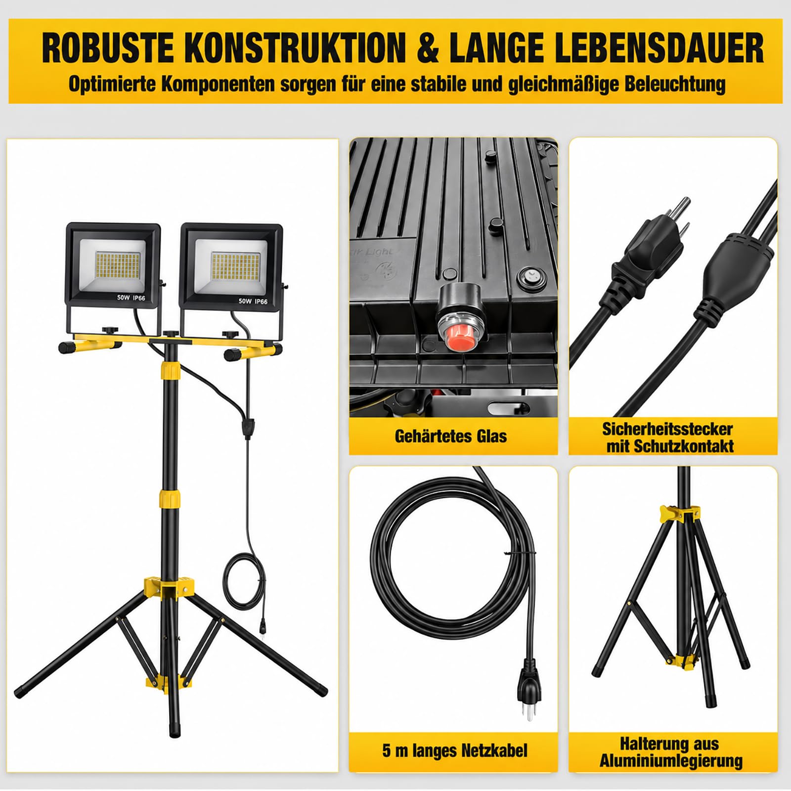 Reflektor budowlany LED 2 x 50 W, lampa robocza LED z wtyczką