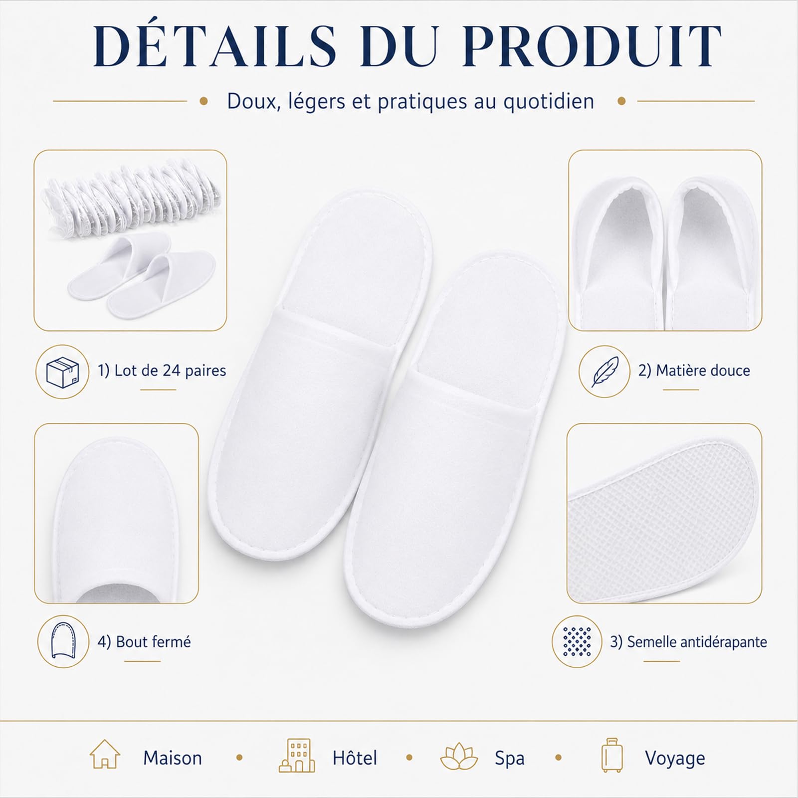 Lot de 24 Paires de Chaussons Jetables pour Hôtel et Spa, Blancs | Pantoufles Fermées Antidérapantes pour Invités, Maison, Voyage, Salon de Beauté, Hommes et Femmes