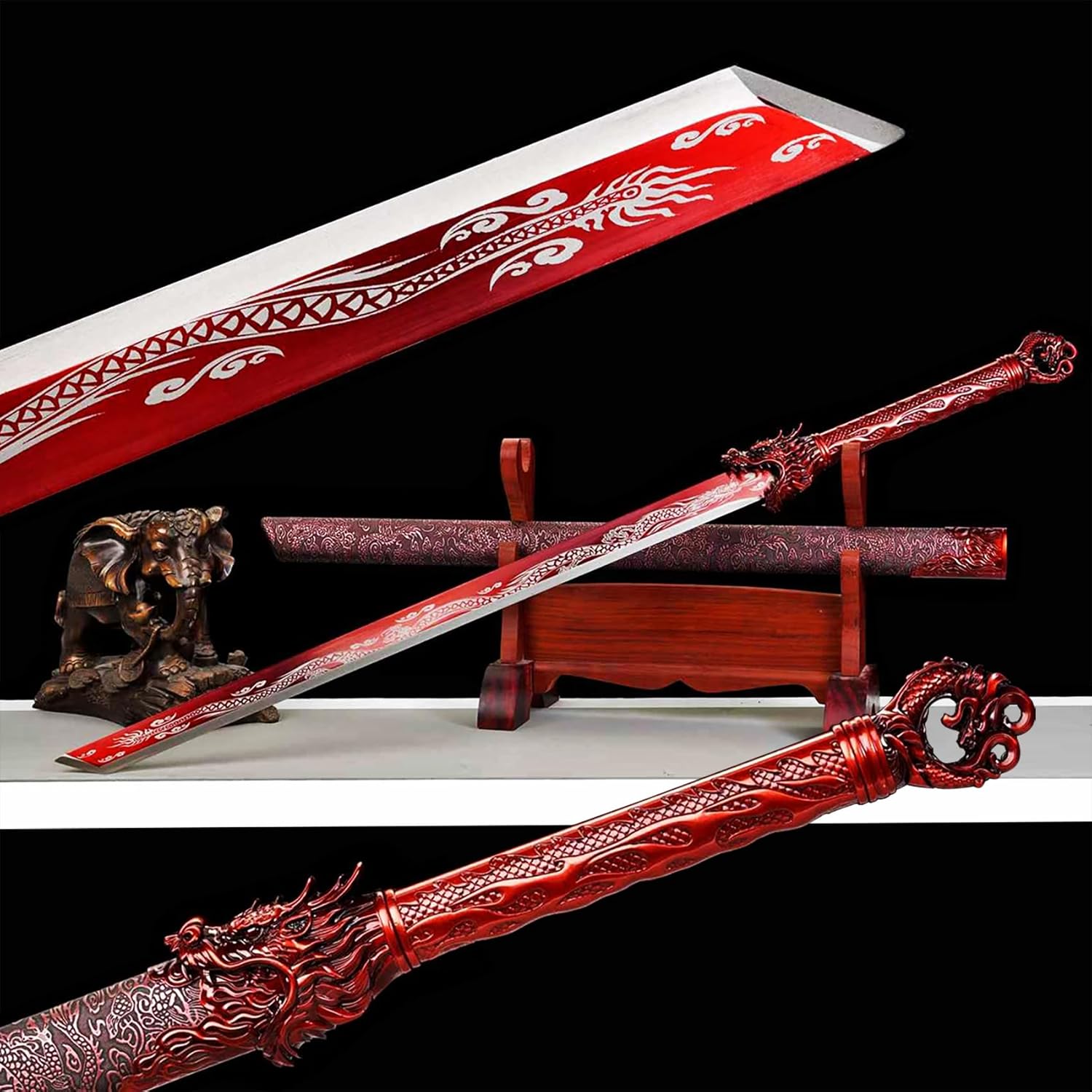Handmade Straight Katana Carbon Steel Blade with Cool Pattern Chinese Tang Dao Red Dragon Sword