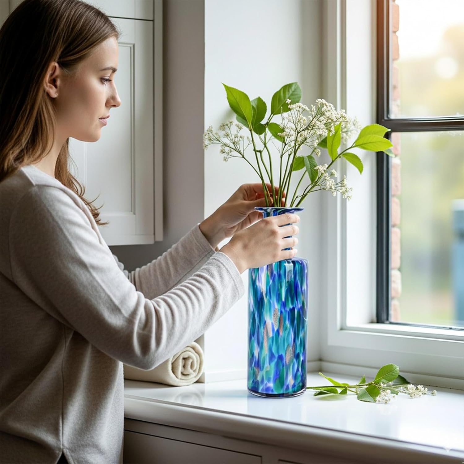 LCCCK 13" Tall Glass Vase Pretty Hand Blown Glass Vase, Unique Colorful Flower Vases for Bouquet, Modern Sea Art Decorative Vase for Home Living Room Kitchen Bathroom Dining Table Centerpieces - Image 4