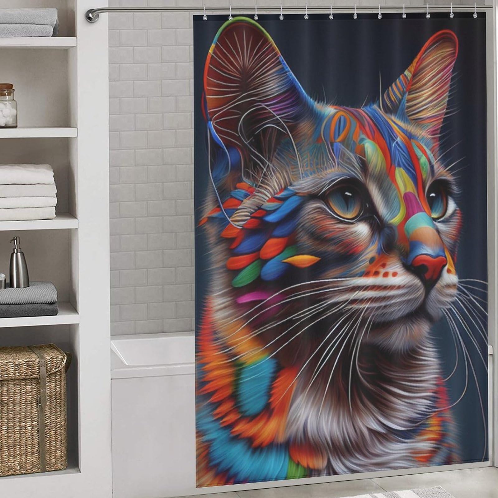 Rideau de douche chat pour salle de bains moderne avec anneaux de fixation