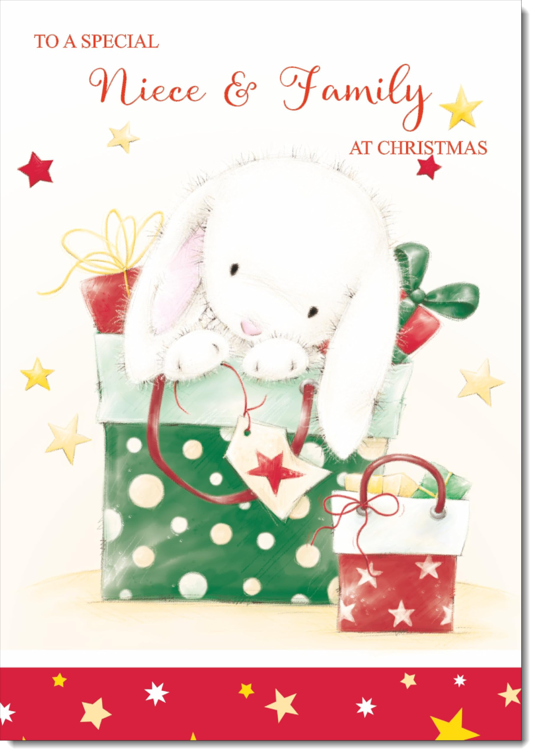doodlecards Niece and Family Christmas Card Cute Rabbit with Parcels Large A4 Size Christmas Card for Niece & Family with Plain Envelope