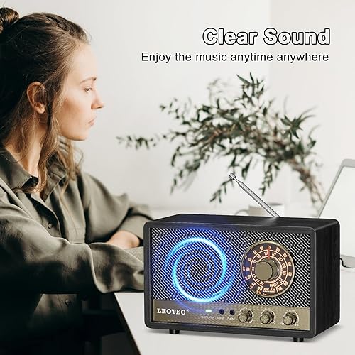 Miniatura 6 de LEOTEC Radio AM FM, radio de mesa de madera retro, altavoz Bluetooth portátil enchufable en la pared, la mejor recepción con AUX, conector para