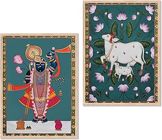 kotart Madhubani Art Framed Painting for Home, Living Room, Hall | Shrinath Ji Pichwai Art Traditional Paitnings with Frame for Home Decor (Set of 2) (Style04)
