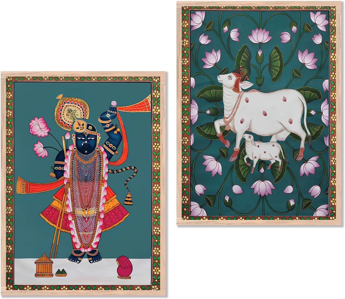 kotart Madhubani Art Framed Painting for Home, Living Room, Hall | Shrinath Ji Pichwai Art Traditional Paitnings with Frame for Home Decor (Set of 2) (Style04)