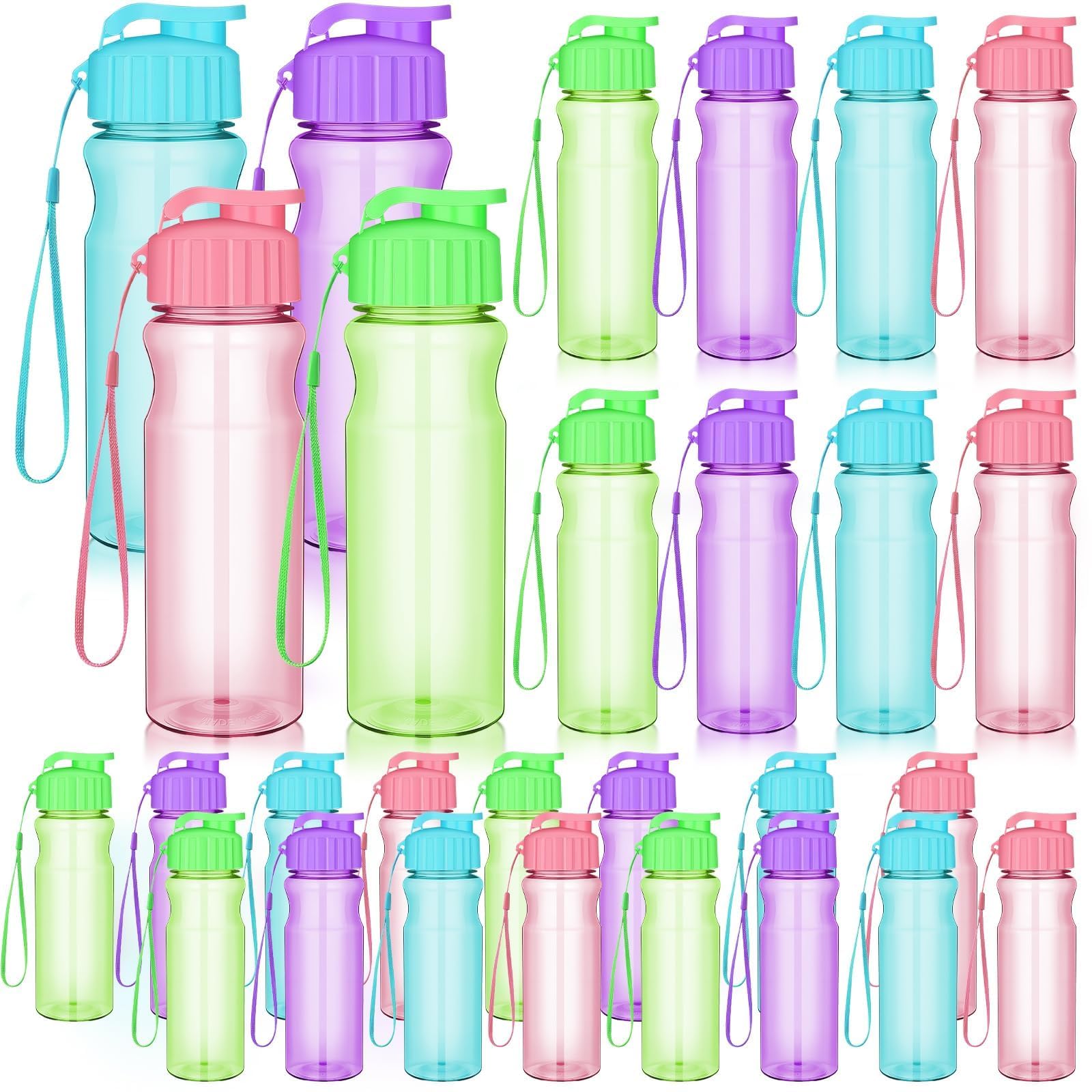 Lot de 20 Gourdes en Plastique 500ml Réutilisables, Bouteilles d’Eau Légeres avec Bouchon à Rabat et Poignée, Anti-Fuite pour Enfants Adultes École Sport Plein Air – 4 Couleurs