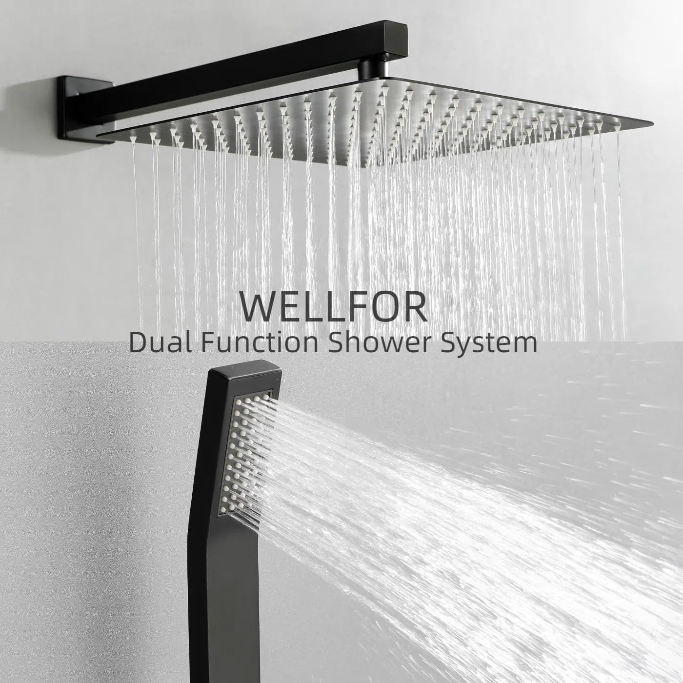 WELLFOR Dual Function Shower System in action, showing both rainfall and handheld spray.