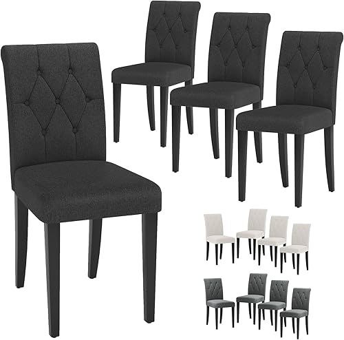 Miniatura 7 de Juego de 4 sillas de comedor tapizadas, sillas de comedor Parsons con botones copetudos con patas de madera maciza, silla lateral de tela moderna