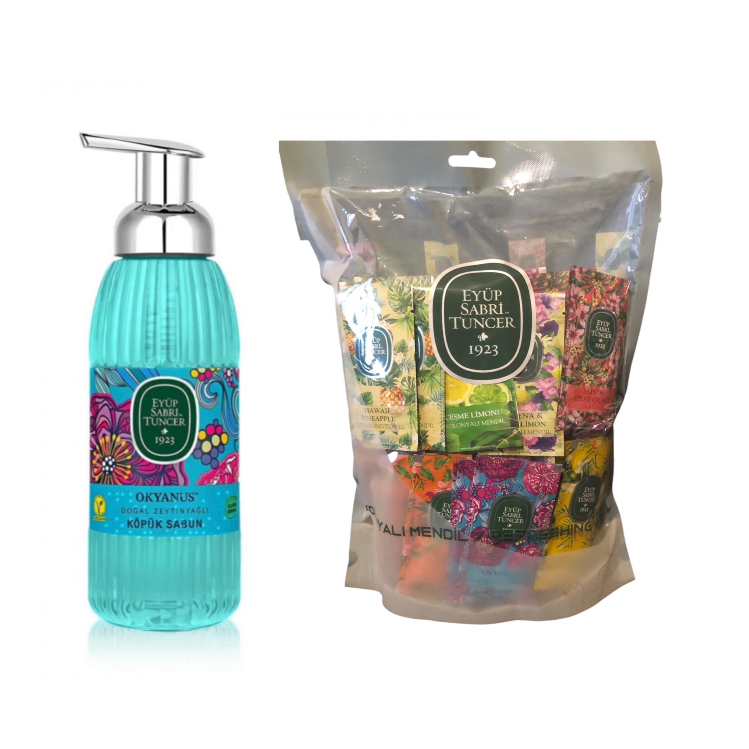 EYÜP SABRİ TUNCER Ocean Oliwa z oliwek mydło w piance 500 ml + chusteczki odświeżające, 150 sztuk, mini chusteczki nawilżane 5 x 10 cm, przetestowane wegańsko i dermatologicznie, zestaw premium do