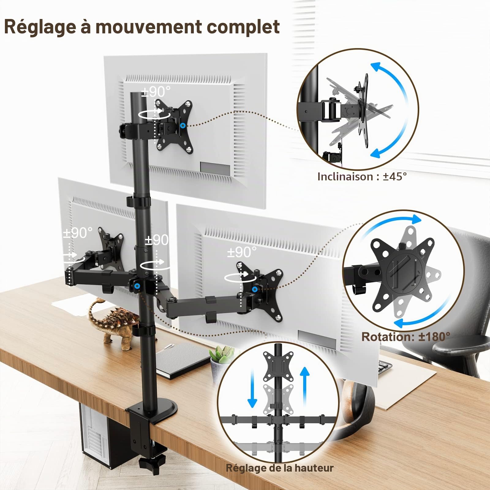 PUTORSEN Support Ecran PC 3 Ecran pour Moniteurs de 13-32 Pouces(80CM pôle), Bras Ecran PC Réglable en Inclinable et Pivotant Hauteur, 2 Options de Montage, Charge Maximal 9 kg par Bras, VESA 75/100