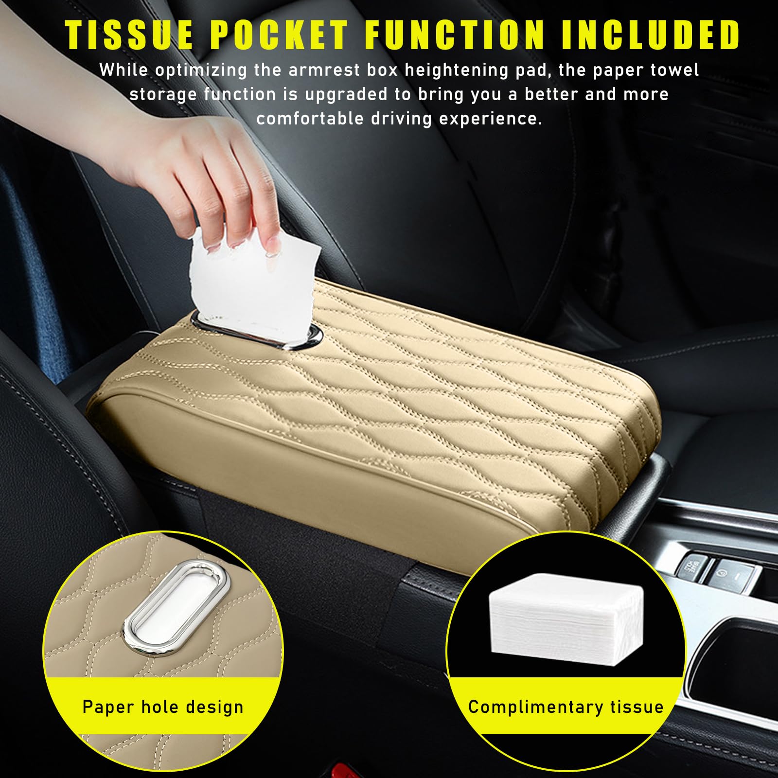 Cuscino per console centrale auto, universale, impermeabile, in pelle, per bracciolo auto, protezione per sedile auto, con morbida schiuma di memoria, accessori per auto (beige)