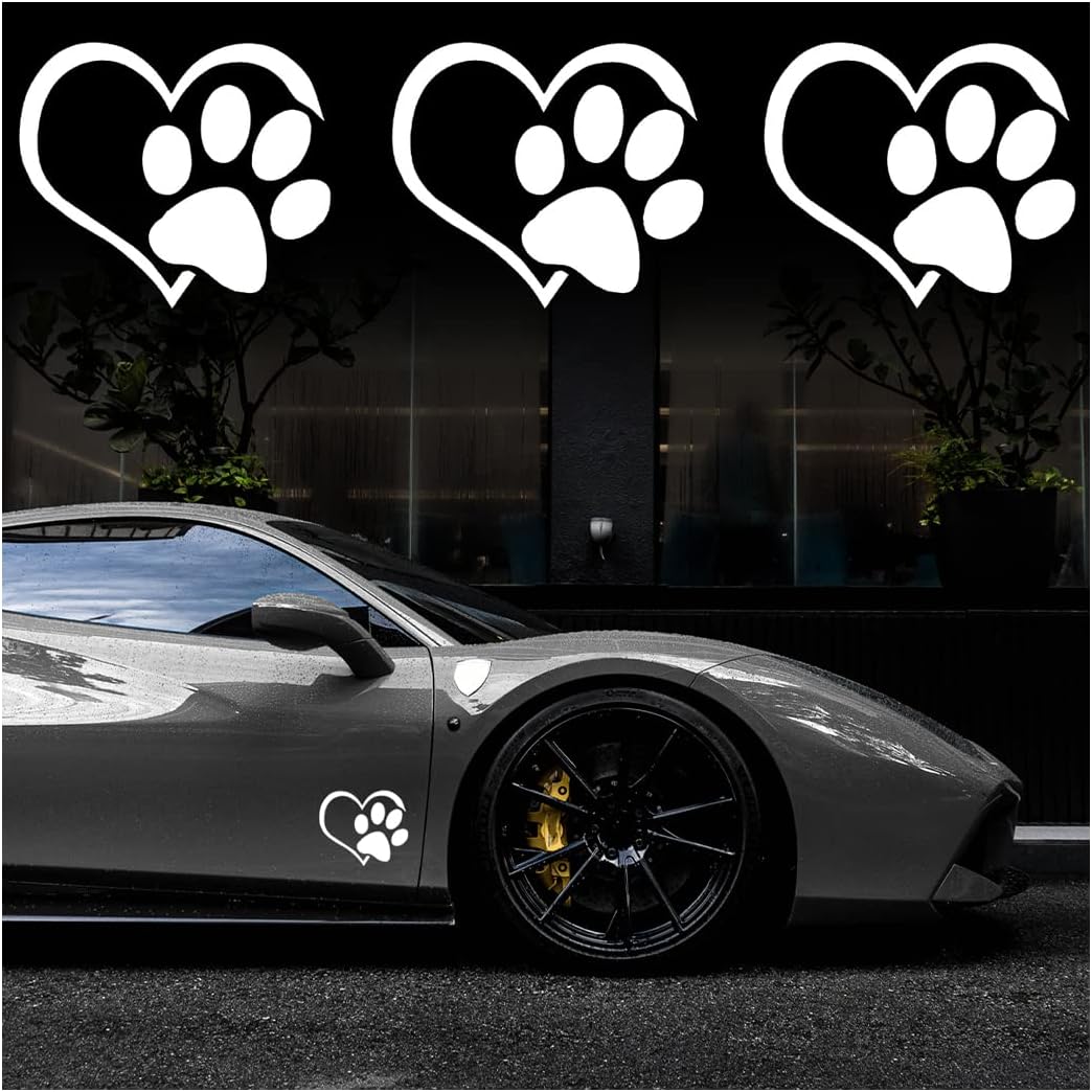 BELOMI Dog Paw Love Heart Vinyl Car Decal, 3 Pack Pet Puppy Paw Print Decal for Auto Window, Bumper, Laptops, Walls and Other Stuff, Love Decoration Sticker Car Accessories for SUV, Truck (White)