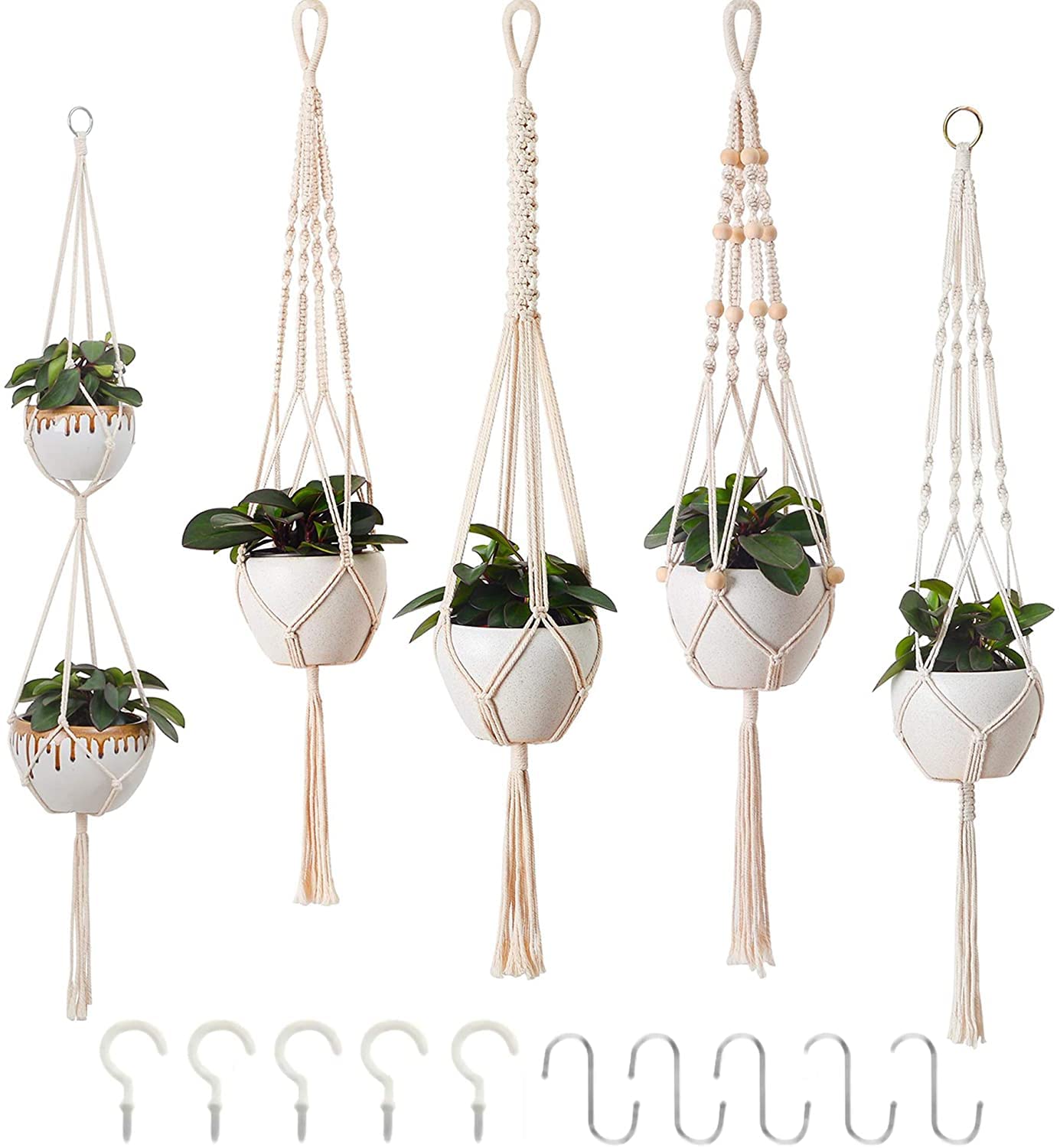 Aain for Indoor or Outdoor Balconies and Gardens, Macrame Cotton Wall Plant Hanger Without Pot & Set of 5 | Ceiling Hook Hanger, Rope Flower Pot Holder (White) (B0C211H8W7) Amazon Price History, Amazon Price Tracker