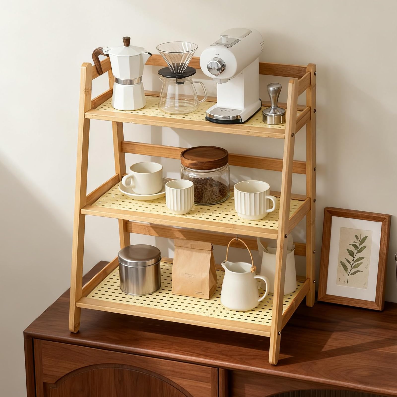 OT-NVWOZR 3-Tier Coffee Station Organizer, Bamboo Mug Holder Countertop for Home, Condiment Storage Rack, Kitchen Counter Shelf Cup Holder Display for Matcha Stand Office Tabletop Bar Accessories
