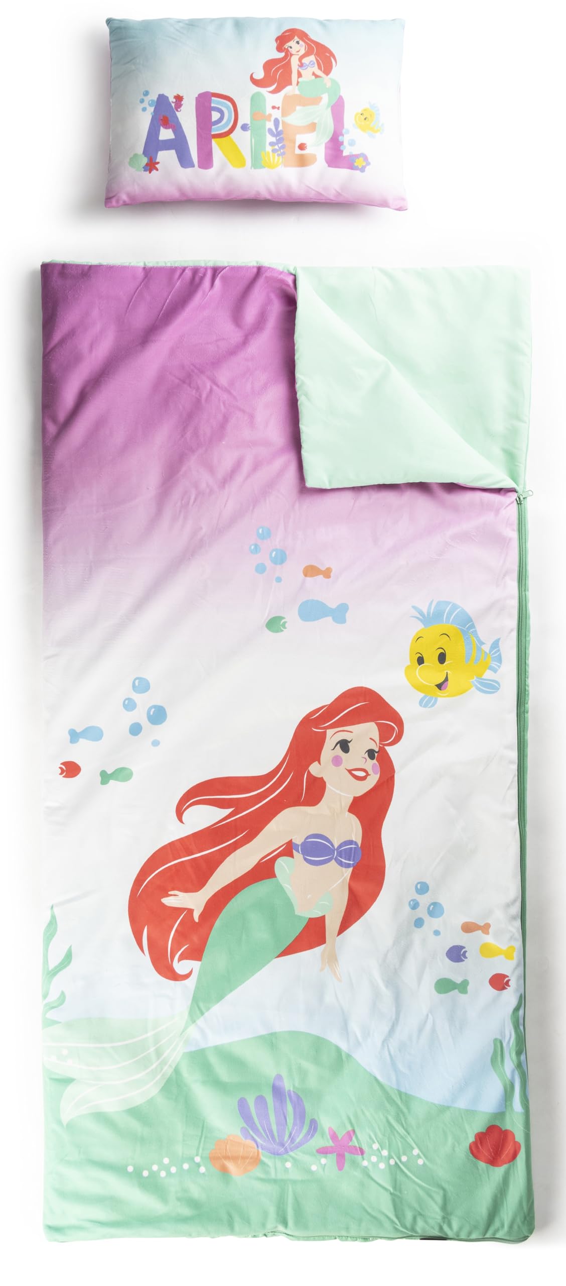 Jay Franco Kids Slumber Bag and Pillow - 54 x 27 Inch Comfy Indoor Sleeping Bag for School and Sleepovers, 2 Piece Set, Multi - The Little Mermaid
