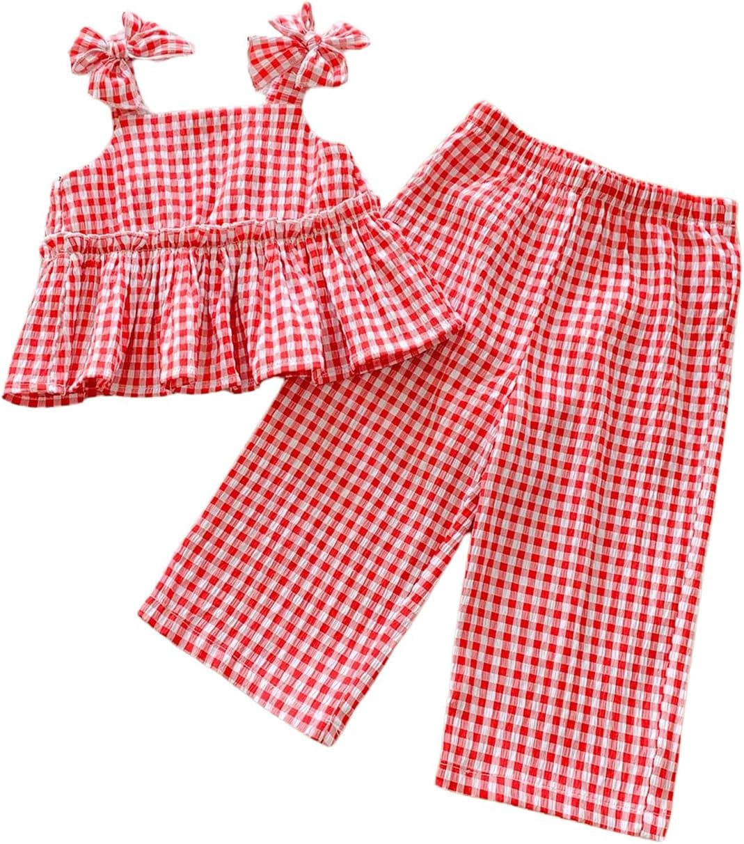 SHENHE Toddler Girl's Gingham Outfit 2 Piece Cute Gingham Bow Ruffle Peplum Top and Pants Birthday Set