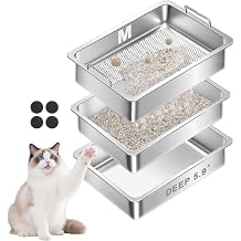 Stainless Steel Sifting Cat Litter Box for Clumping Clay Litter with High-Speed Sifting System, Large Metal Litter Box with 2 Replaceable Bottom Pans, Odor Control,Easy Clean 19.7"x13.7"x5.9"