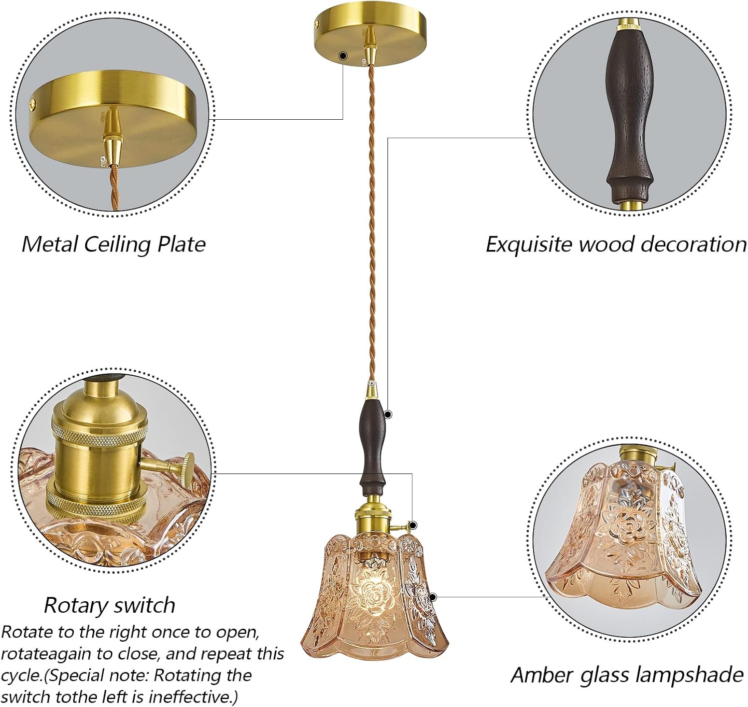 Modern Amber Pendant Light Brass Finish Hanging Lamp Fixture with Patterned Glass Shade & Walnut Wood Accent Vintage Hanging Lamp for Kitchen Island Dining Room Bedroom (2 Pack)