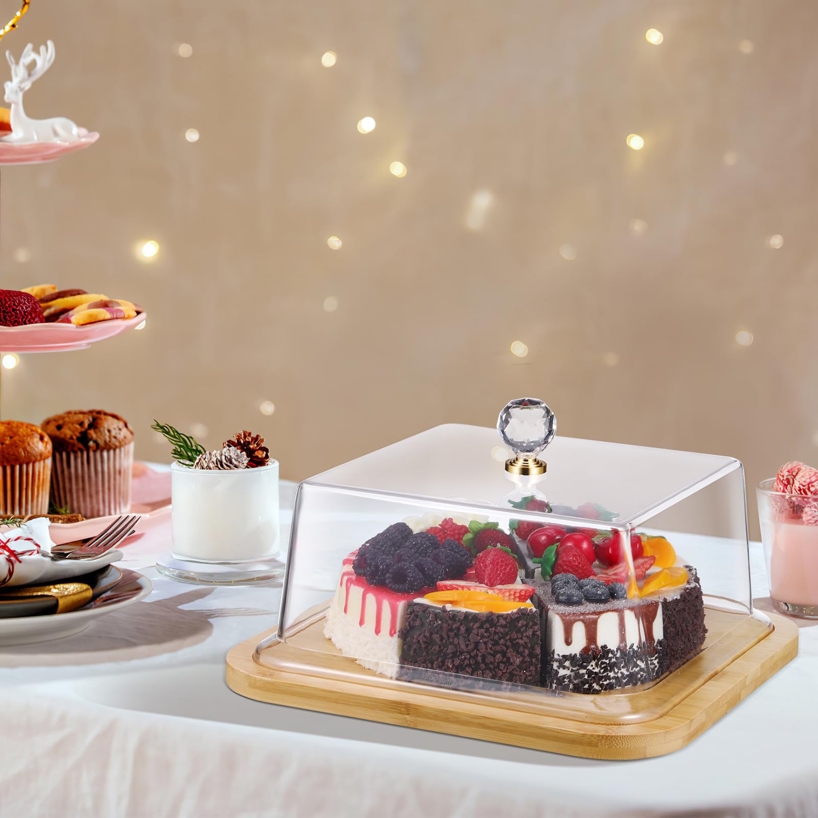 FOMIYES Kuchenform mit Deckel aus Transparentem Acryl Holzsockel Quadratisch für Buffet und Eventservice