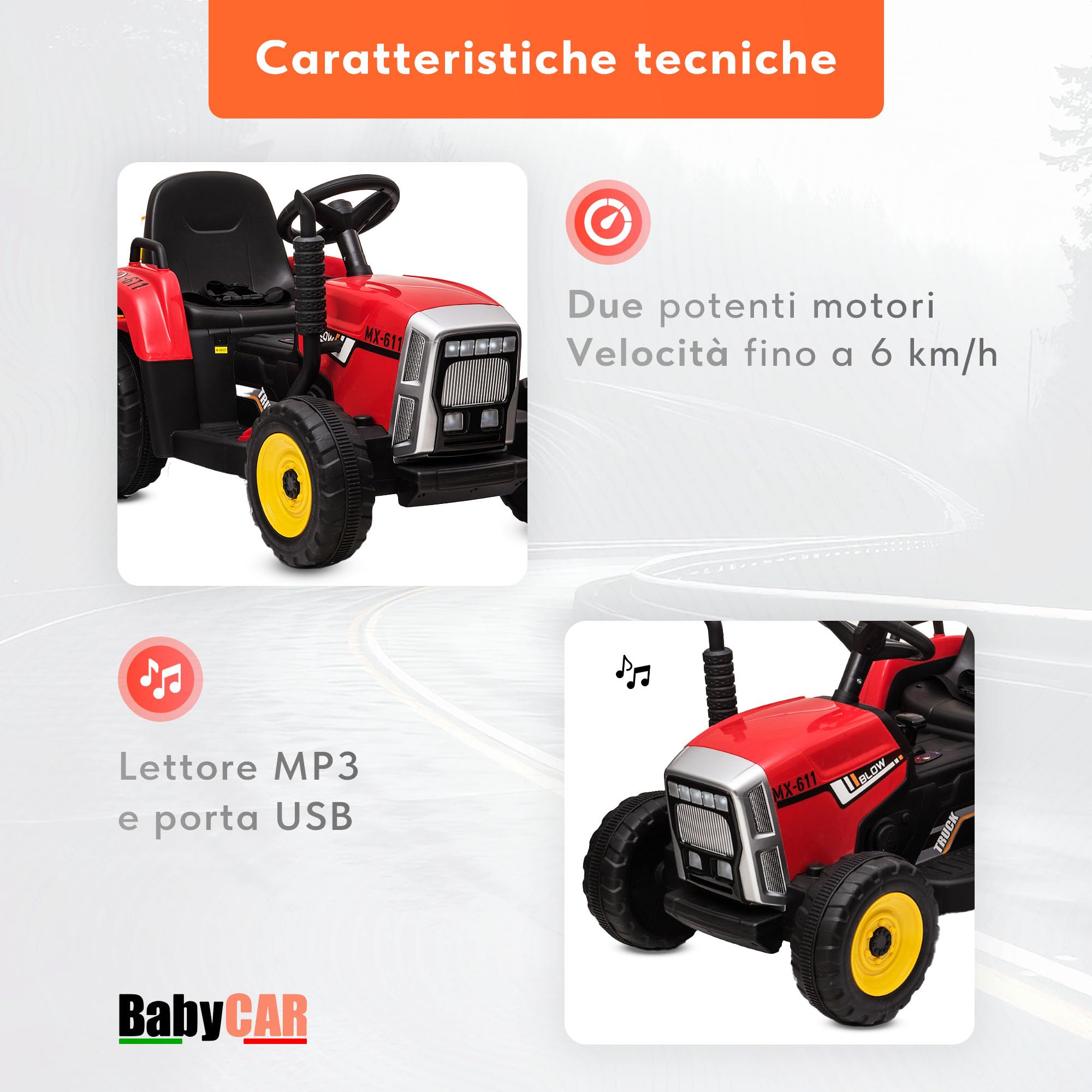 BABYCAR Trattore Elettrico per Bambini con Rimorchio (Rosso) – Macchina elettrica per Bambini, Batteria 12V, 2 motori, Trattore Elettrico con Luci e Telecomando