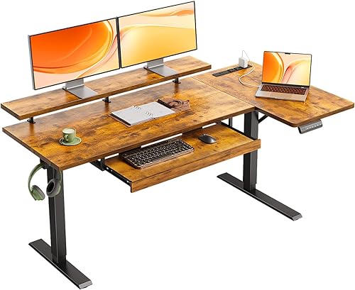 Miniatura 13 de OffiGo Escritorio eléctrico de pie en forma de L de 55 pulgadas con bandeja para teclado, escritorio de esquina reversible de altura ajustable con