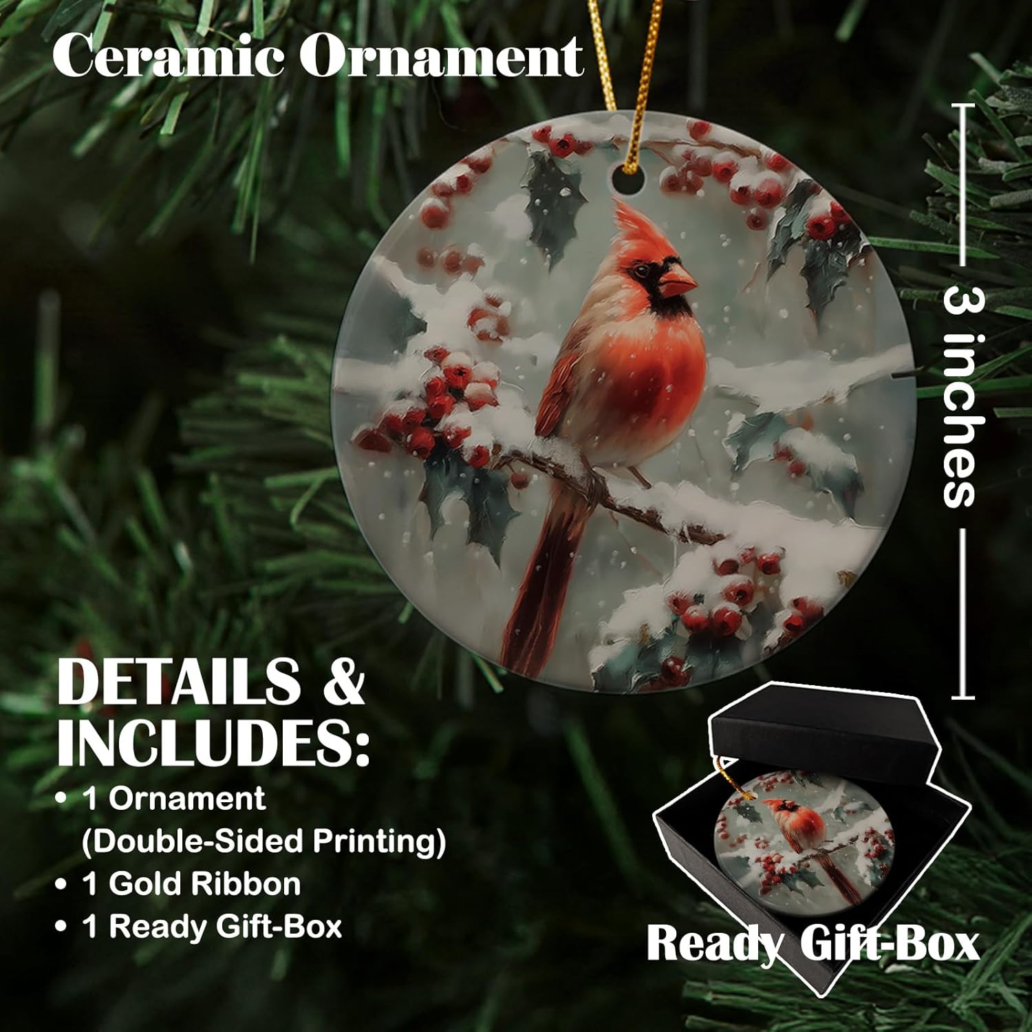 Cardinal Red Bird Christmas Winter Ceramic Ornaments, Snowy Branch Hanging Round Holiday Ornament Decor, Vintage Memorial Gifts Keepsake for Women Car Window Decorations 3in - Image 3