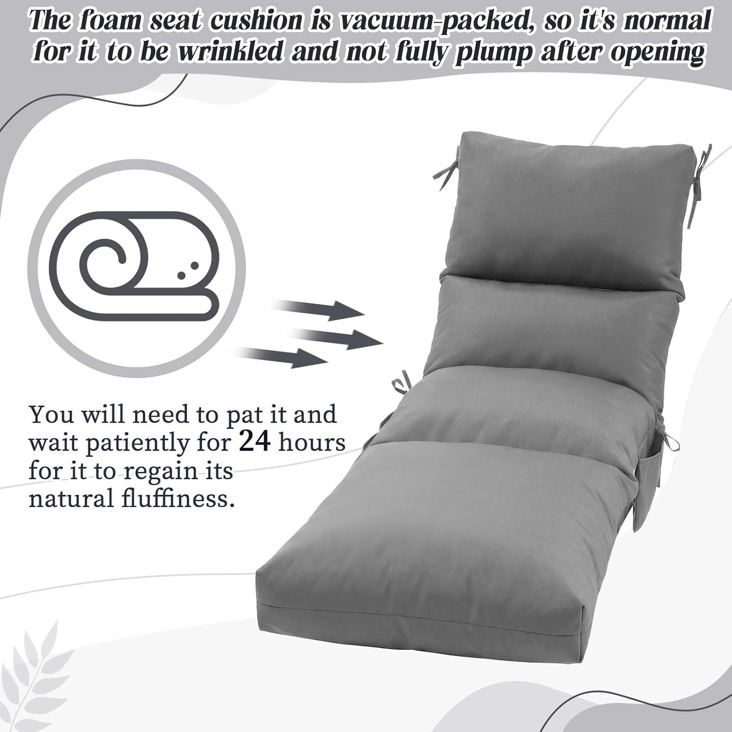 Kigley 2 Pcs Chaise Lounge Cushions, 78 x 22 x 4.7 Inch Outdoor Lounge Chair Cushions with Pocket, Thick Tufted Patio Recliner Replacement with Ties, Fade Resistant for Pool Furniture (Light Gray)