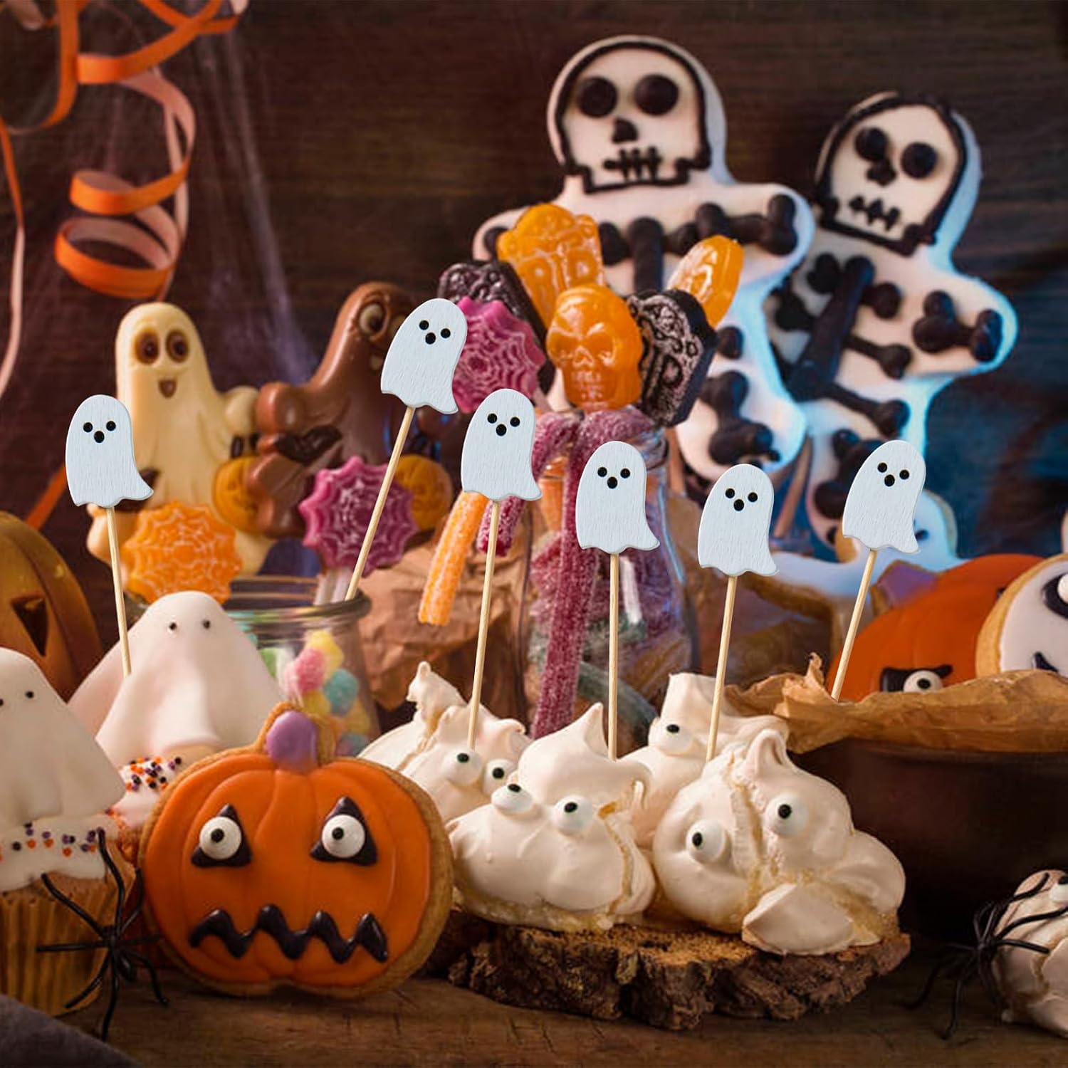 100Pcs Halloween Cocktail Picks, Ghost Bamboo Toothpicks Cocktail Sticks for Appetizers Fruit Food Drink Cake Halloween Party Decoration