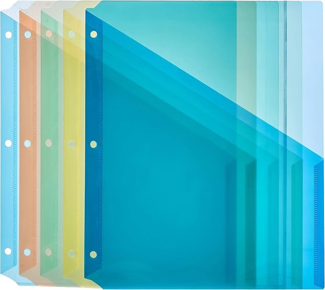 Amazon Basics Binder Organizer Poly Jacket, 3 Hole Punch, Assorted Colors, Pack of 5