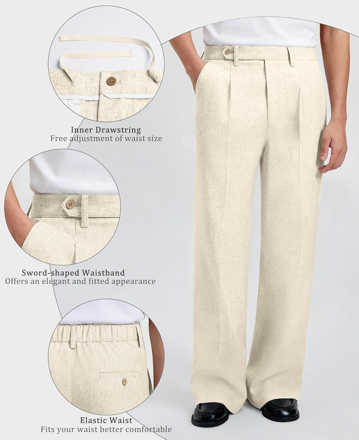 Susclude Mens Linen Casual Dress Pants Baggy Pleated Old Money Wide Leg Slacks Relaxed Fit Lightweight Work Trousers - Image 4