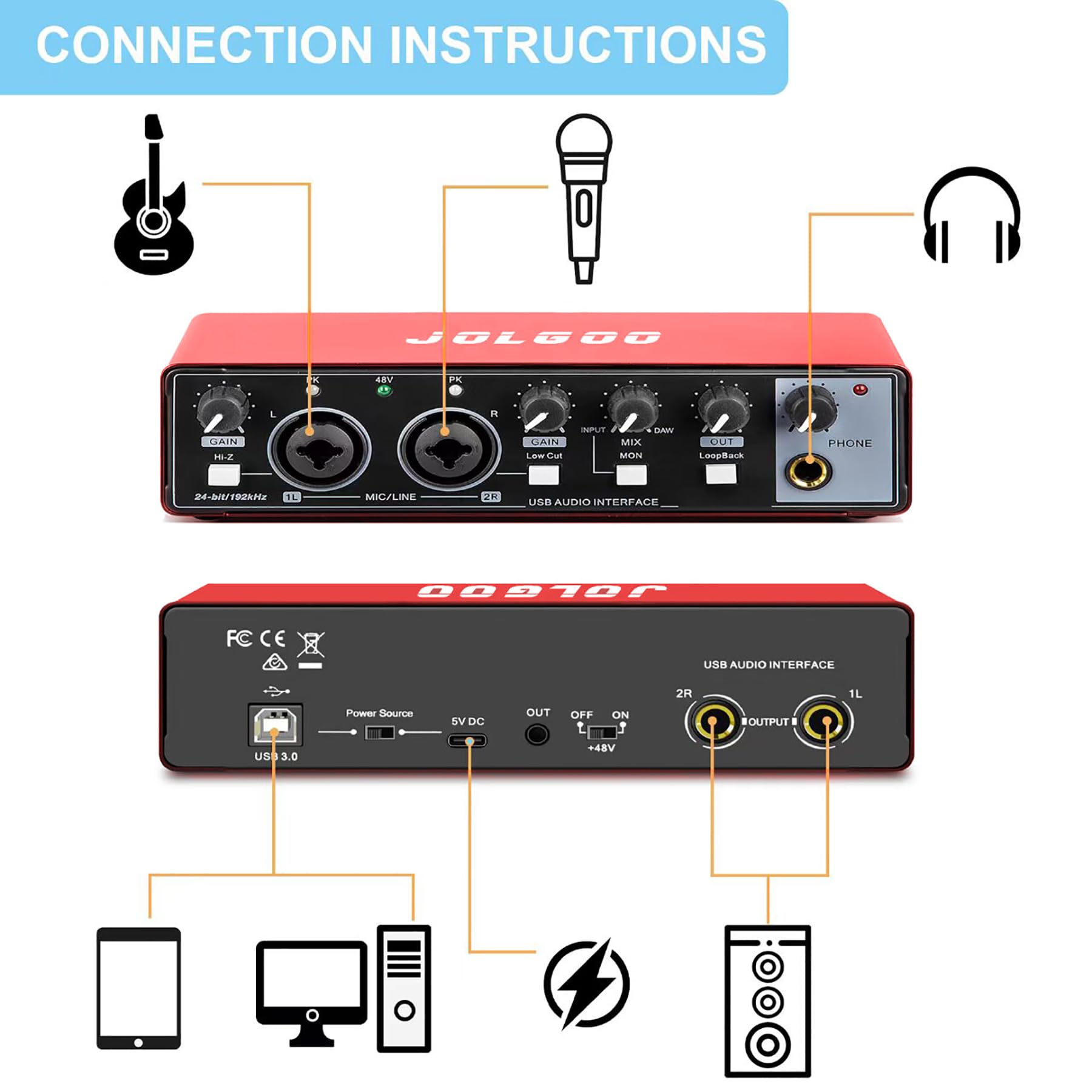 Interfaccia audio USB, scheda audio Plug & Play a 24 bit/192 kHz rossa per registrazione - XLR/Line In, uscita cuffie, bassa latenza, compatibile con PC, Mac, smartphone