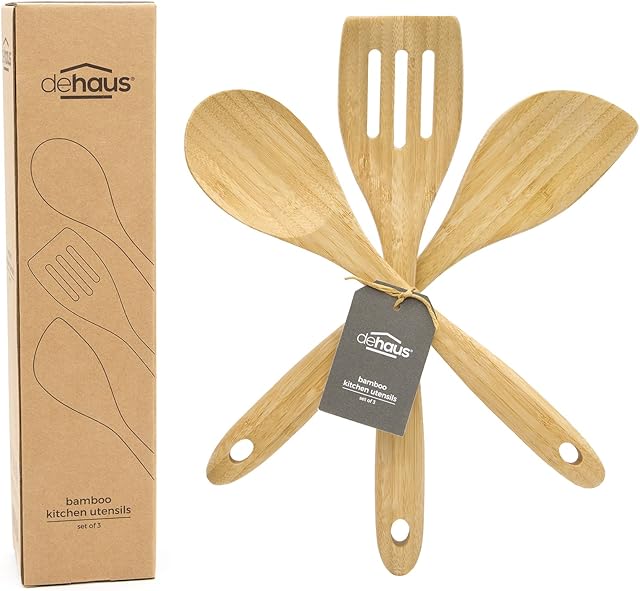 Dehaus® Luxury Bamboo Kitchen Utensils - Set of 3 | Premium Wooden Spoon, Spatula & Fish Slice | Slotted Turner Utensil Accessories | Wood Cooking Tools for Non Stick Pan or Wok | Mini Starter Sets